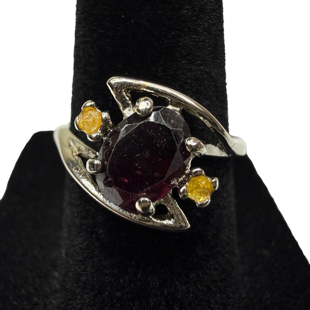 VTG LIND 14K HGE Red Garnet & Yellow Crystal Gem Stones Ring Oval Sz 6